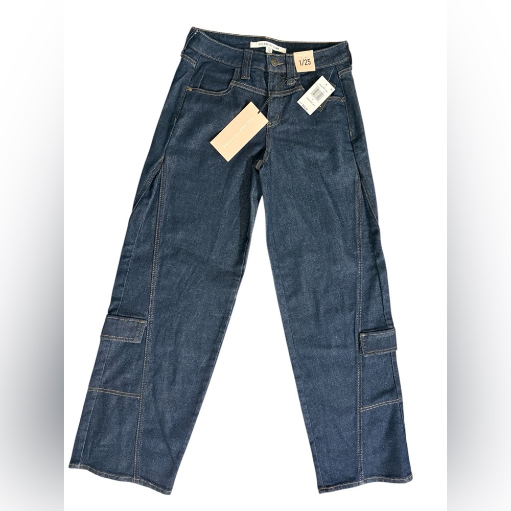 NWT Celebrity Pink Juniors Mid Rise Wide Leg Cargo Jeans Dark Wash Size 1/25